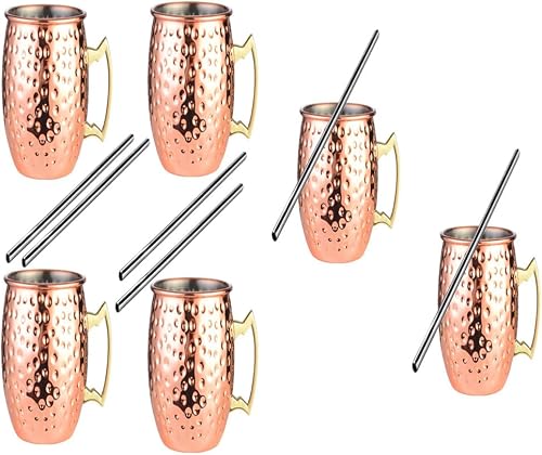 Hammered Moscow Mule Cocktail Mugs With Metal Straw - Brown (6)