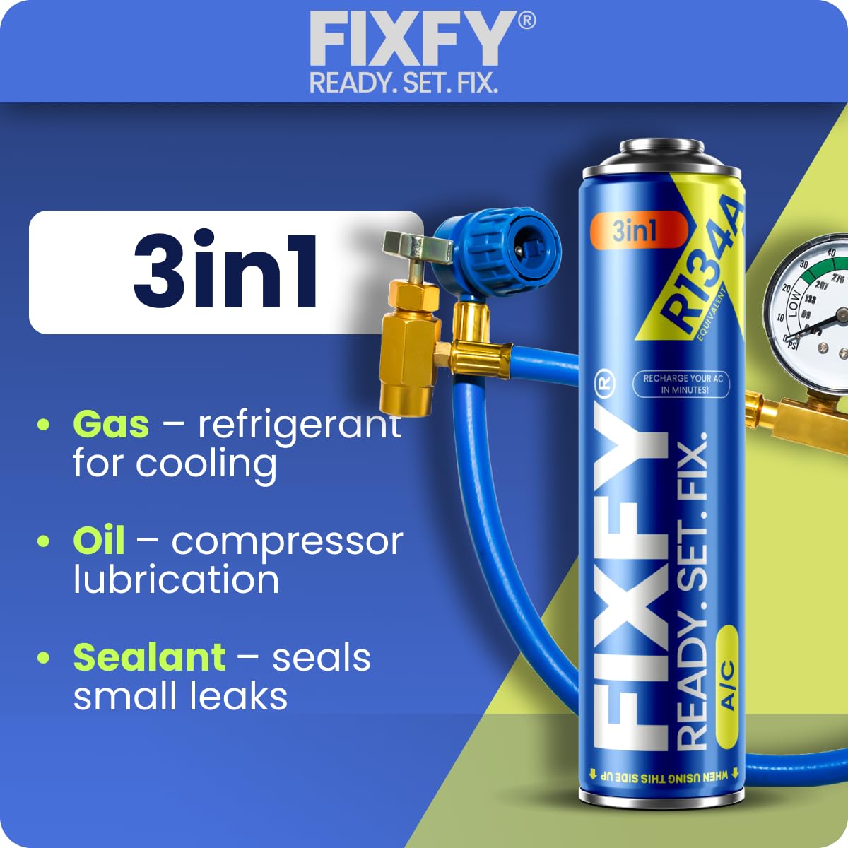 3 en 1 Lot de 2 bombes de réfrigérant R134a de rechange, (500 ml chacune), avec huile et produit d'étanchéité, remplissage autonome de la climatisation, pour véhicules entre 1995 et 2016