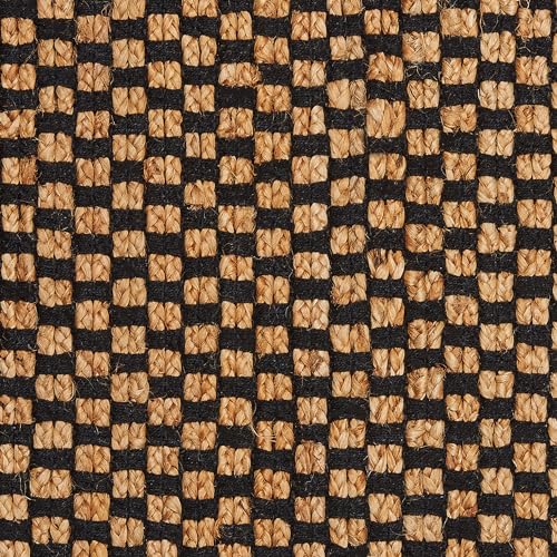 Tappeto In Iuta E Pelle Rettangolare Con Motivo A Scacchi Intrecciato A Mano Nero E Beige 80 X 150 Cm Stile Rustico - 6