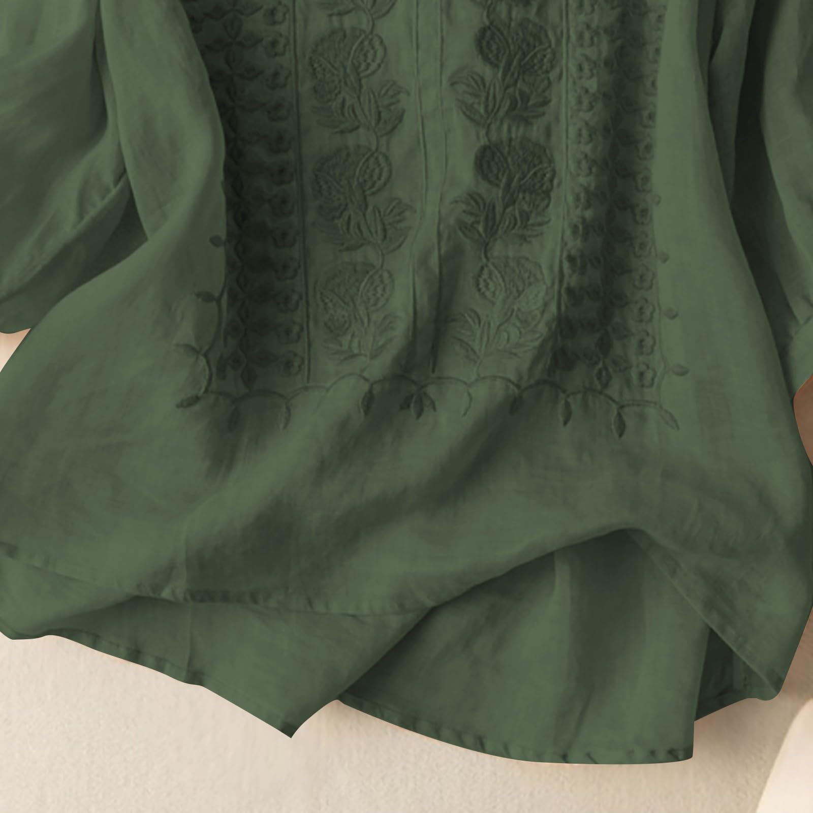 Cotton Linen Shirts for Women Trendy Retro Embroidered 3/4 Sleeve Boho Blouse Dressy Casual Bohemian Tops Loose Tunics