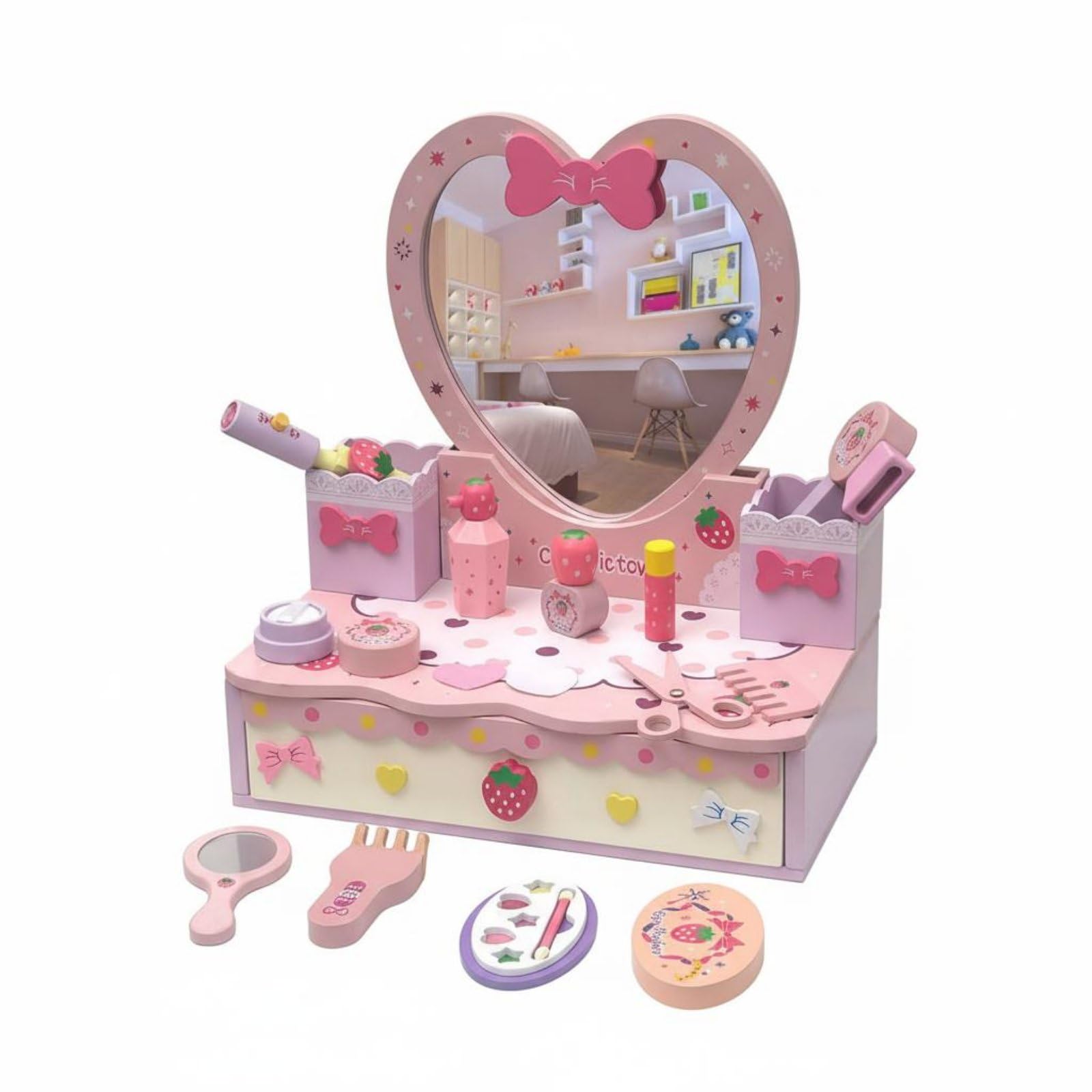 Tavolo Trucco Bambini Toeletta Gioco Specchio Realistico Legno Lavorato Accessori Trucco Finto Gioco di Ruolo Autostima Creativa Adatto per Cameretta Regalo Bambina, Cuore Da Tavolo