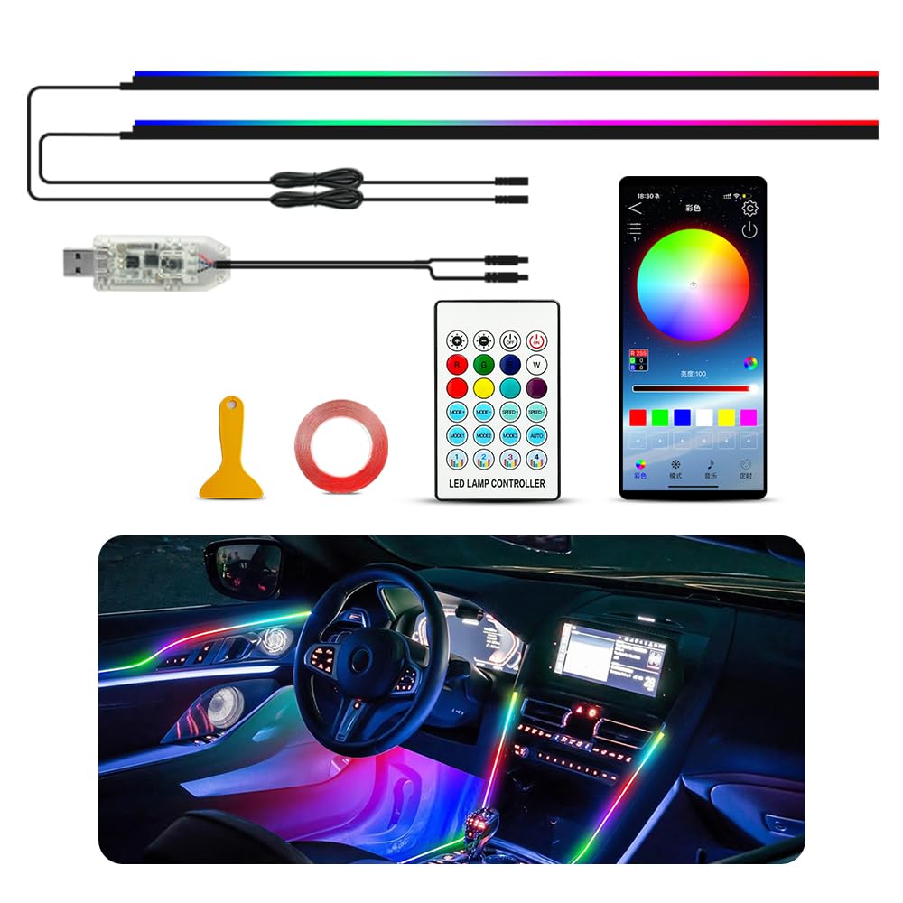Ambient Lighting Car led Lights Interior, 43.3'' USB Powered Acrylic Neon Flexible Strip Model y Ambient Lighting kit with Wireless APP,Dynamic RGB 2 in 1 Music Lights Sync for Inside car Decorations