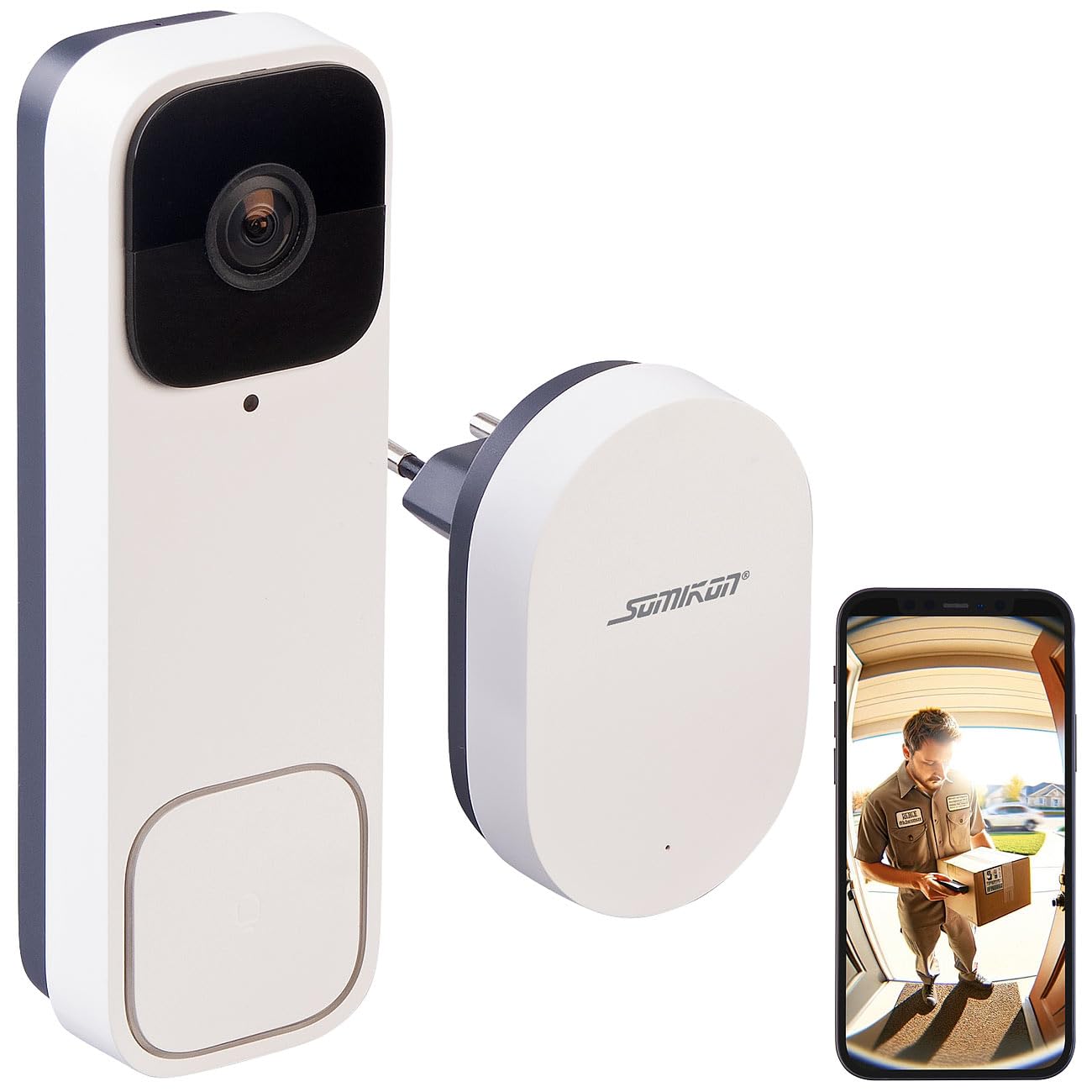 Somikon Klingel mit Kamera: Kabellose WLAN-2K-Video-Türklingel, 170°, KI-Paket-Erkennung, PIR, App (Türklingel mit Kamera, Sprechanlage, SD)