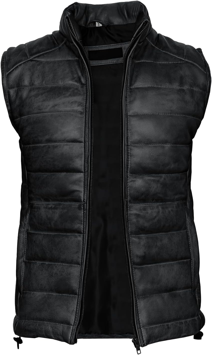 Distressed Quilted Puffer Down Leather Vest Men | Lightweight Distressed Brown vest | Leather Down Puffer Vest
