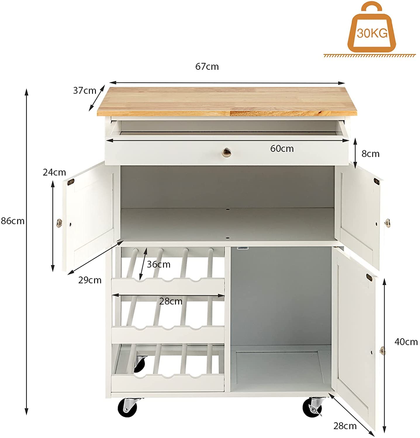 RELAX4LIFE Küchenwagen, Küchenschrank auf Rollen, Rollwagen mit Schublade, Küchentrolley aus Holz, Weinregal für Flaschen, Servierwagen Weiß, Beistellwagen mit großer Arbeitsplatte, 67 x 37 x 86 cm