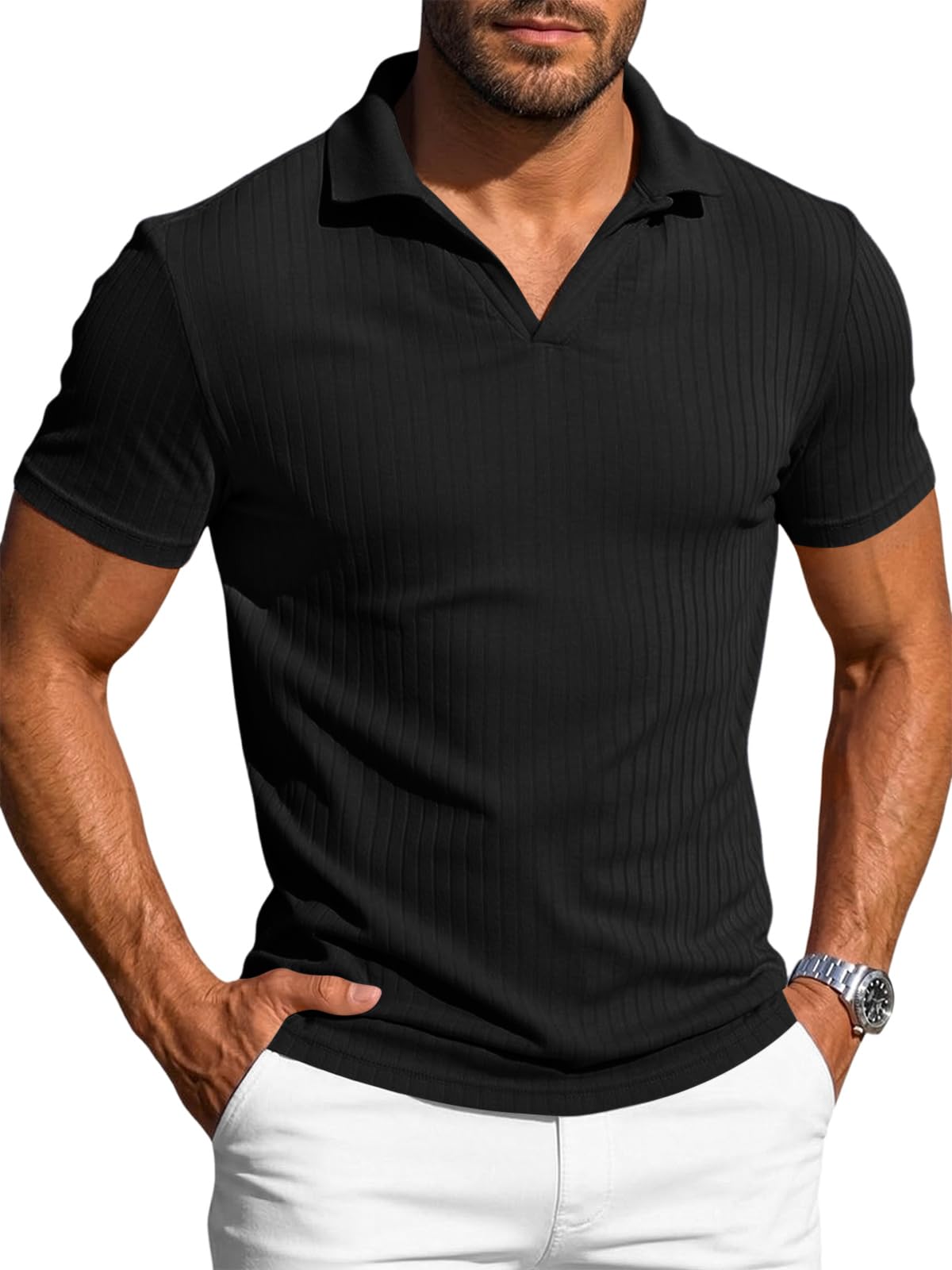 Runcati Herren Poloshirt Kurzarm V-Ausschnitt T-Shirt Strick Slim Fit Polohemd Sommer Einfarbig Golf Shirts Freizeit Stretch Oberteile Schwarz XL