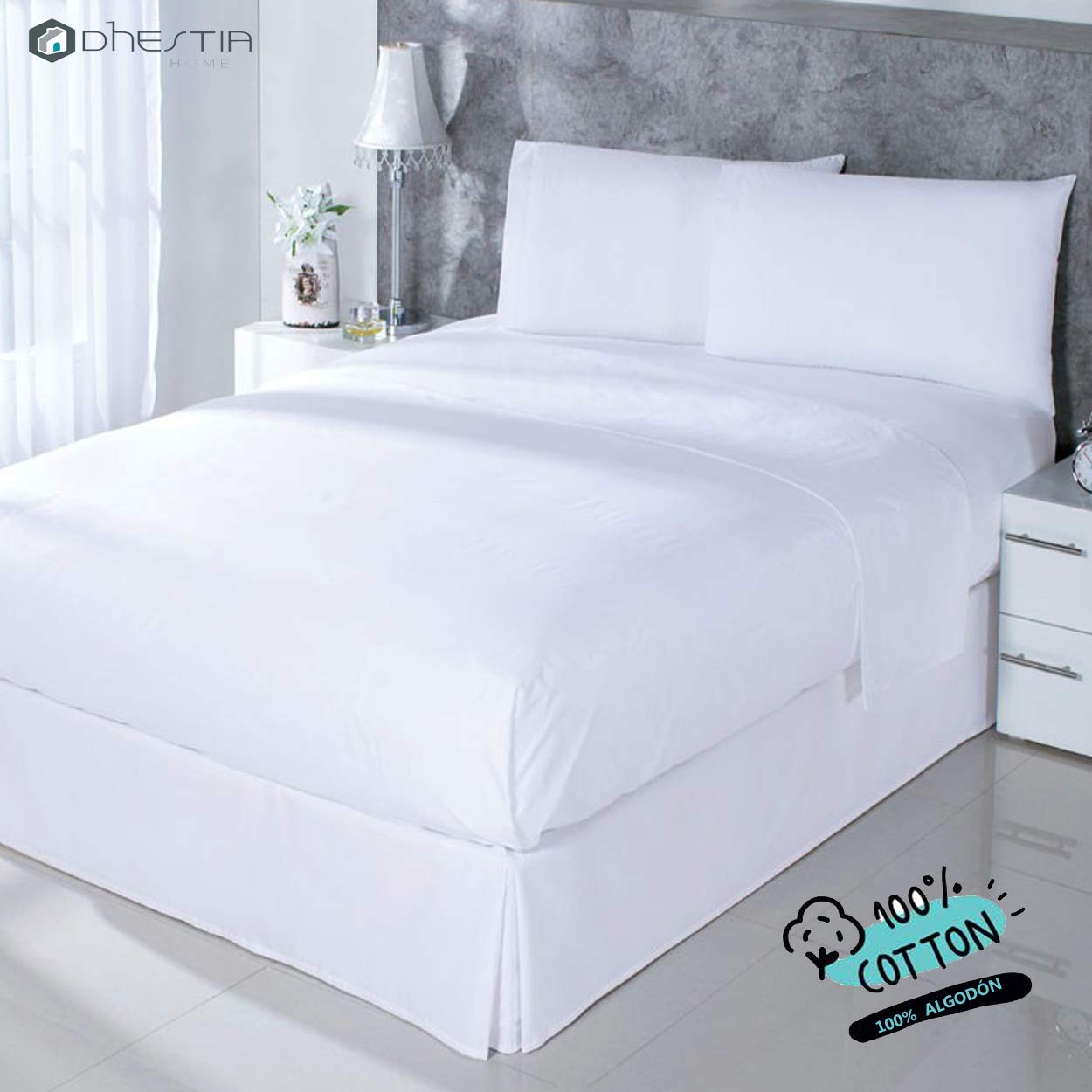 DHestia Hostelería - Pack 5 uds Sábanas Encimeras Blancas Hotel Tejido 30/27 144 Hilos. (Algodón 100%, Cama 200-300x300 cm)