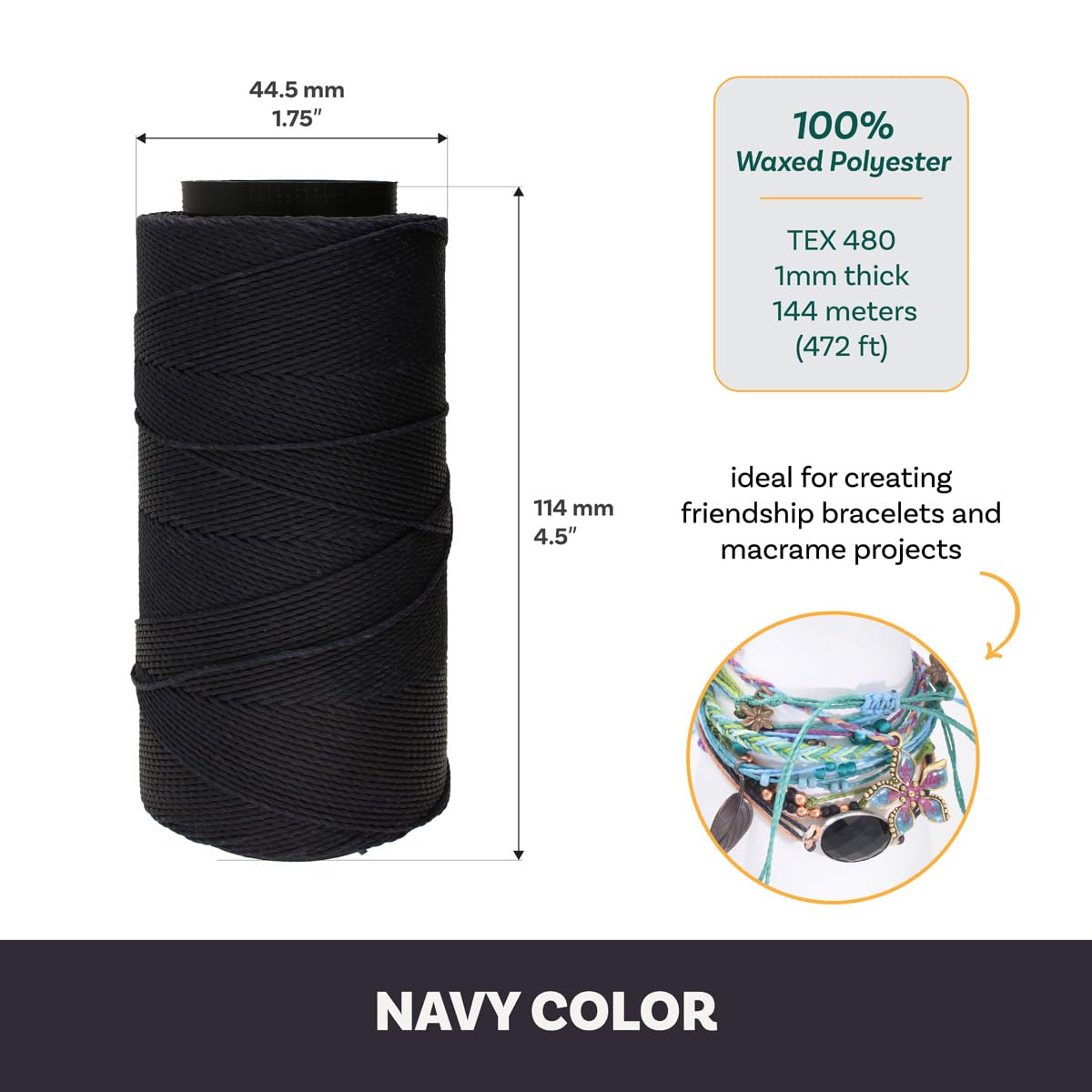 The Beadsmith Knot It Waxed Polyester Cord, Navy Color, 0.7mm Diameter, Light Wax, 144 Meters (472 Feet) Per Spool - Image 4