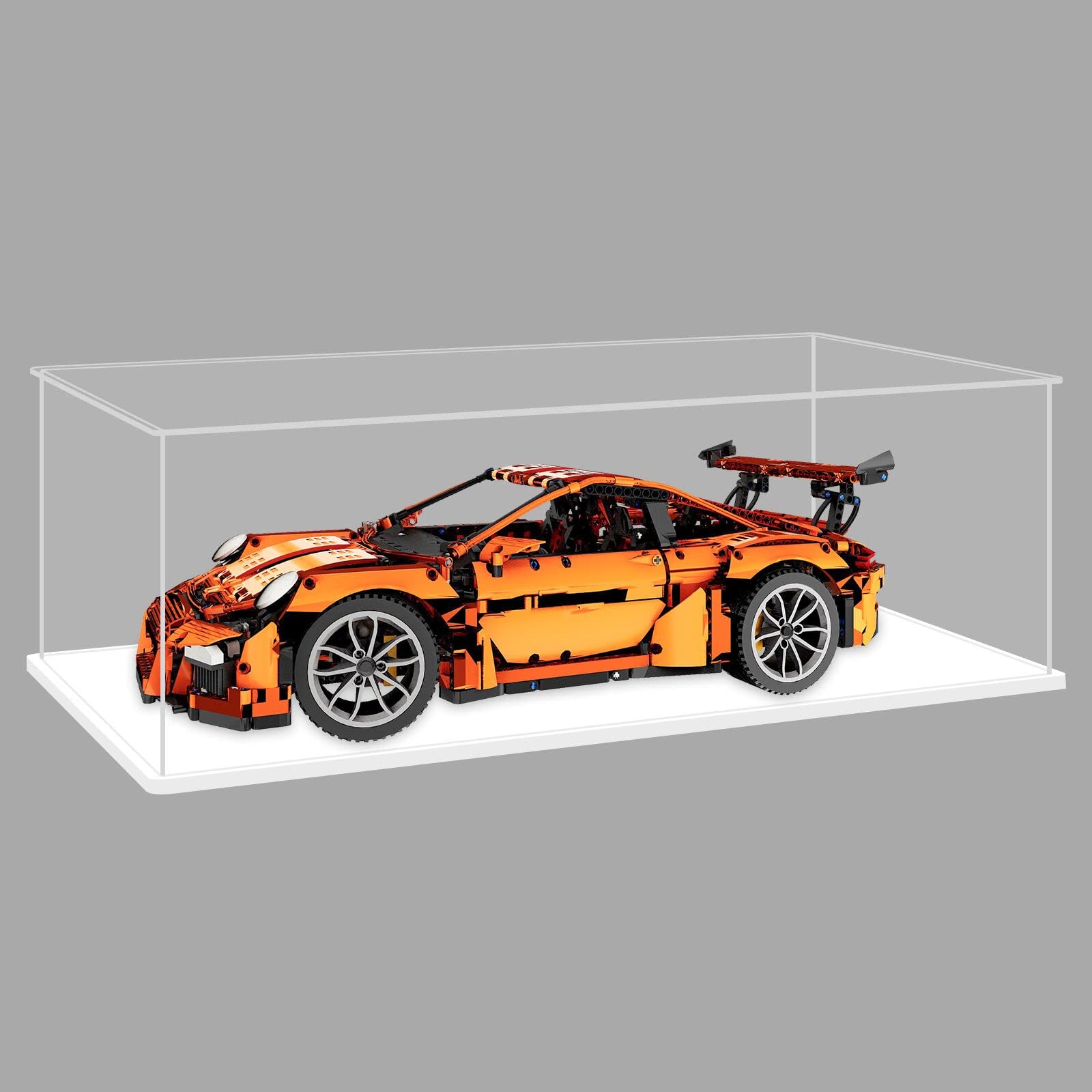 LANSCOERY Clear Acrylic Display Case, Assemble Horizontal Display Box Stand with White Base, Dustproof Protection Showcase for Collectibles Memorabilia Figurines (24.3x12.6x7.7inch; 61.8x32x19.7cm)