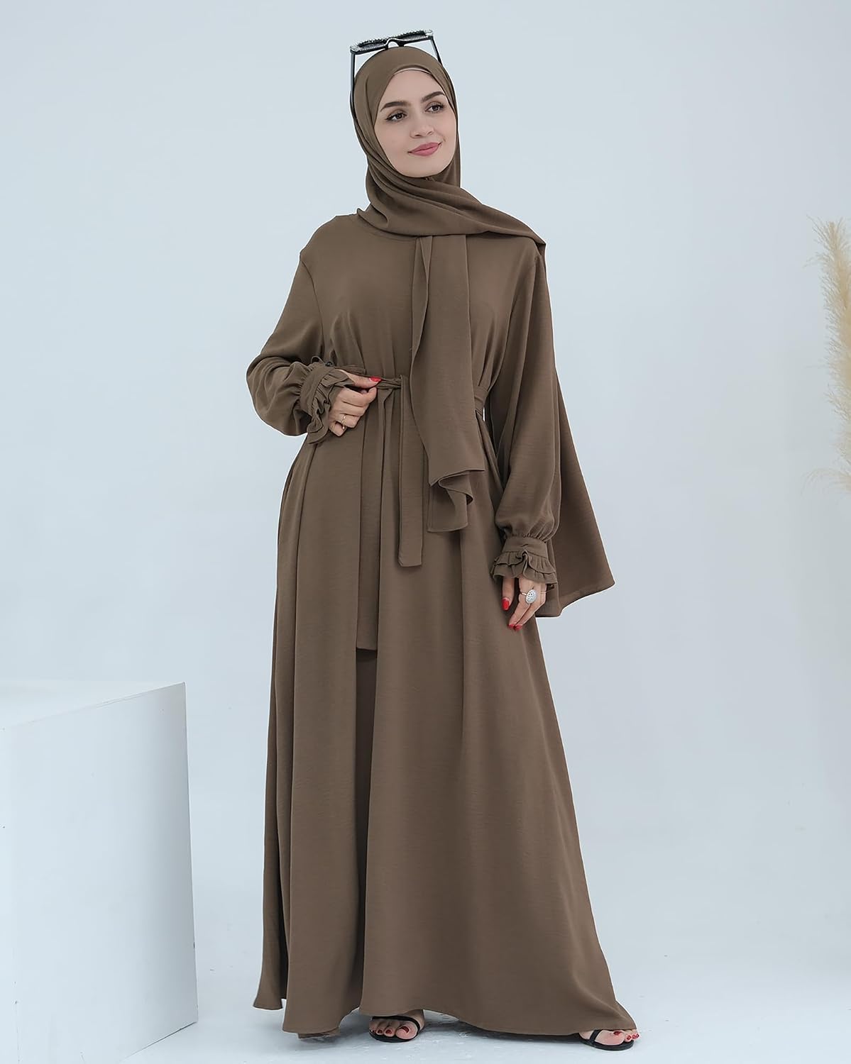 Hooded Prayer Dress Women Flowy Abaya Muslim Dress with Hijab Modest Long Sleeve Robe with Scarf
