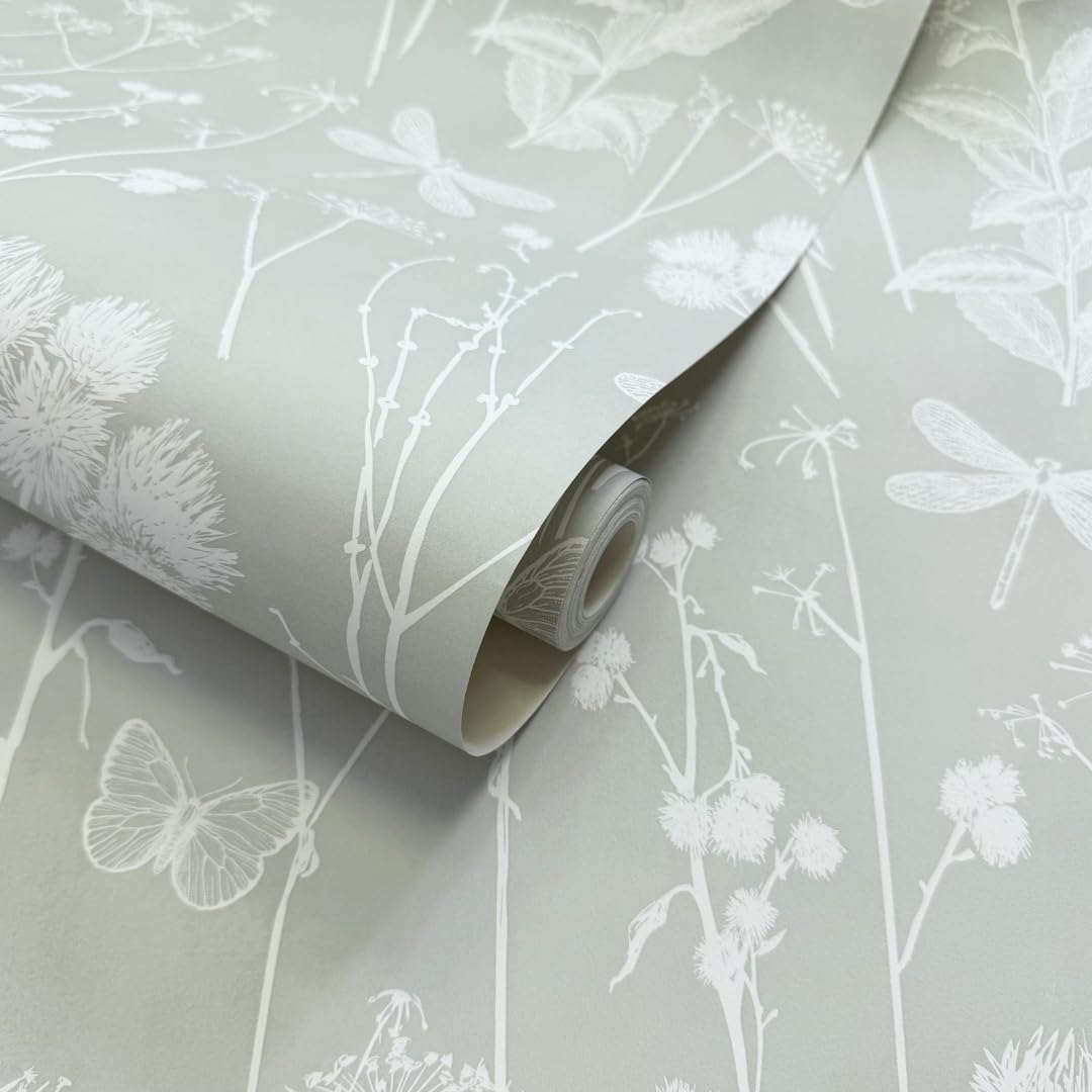 World of Wallpaper Botanical Delicate Floral Themed Wallpaper with Butterflies Dragonflies and Flowers in Soft Sage Green for Living Room Bedroom Lounge Wallcovering AF0039