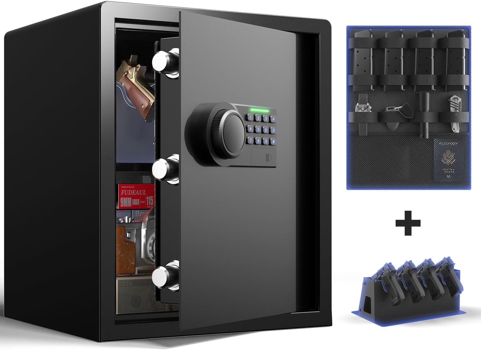 Grimtron Gun Safe for Handgun - (1.72 cu. ft.) for Multiple Pistol Rack & Door Organizer Money Box with Silent Mode, Home Safe with Backlit Keypad, LED Light, Gun Vault for Anti-Rust