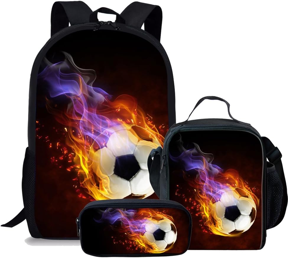 LedBack Football Print School Bag and Lunch Bag for Boys Girls Travel Backpack