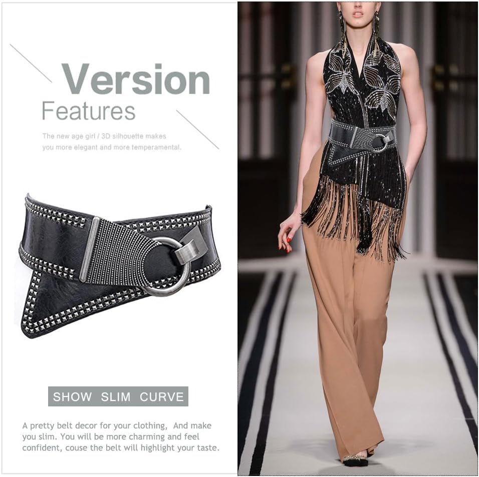 Women's Fashion Vintage Wide Waist Belt Elastic Stretch Cinch Belts With Interlock Buckle, Black, One Size3