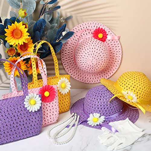 Honoson 12 Pieces Girls Tea Party Dress Kit Party Supplies Flower Sun Straw Hat Cute Bag Purse Elegant Gloves Pearl Necklaces Easter Party Accessories Tea Party, Pink, Yellow, Purple #TOP6