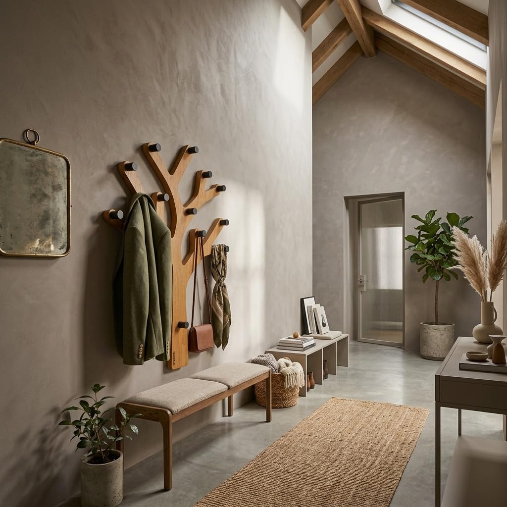 FLEXISTYLE Wandgarderobe Eichenbaum Holz Eiche mit Metallhaken Flurgarderobe modern schwarz – Garderobe Wand, Kleiderhaken, Wandhaken, Garderobenpaneel (Eiche, Top)
