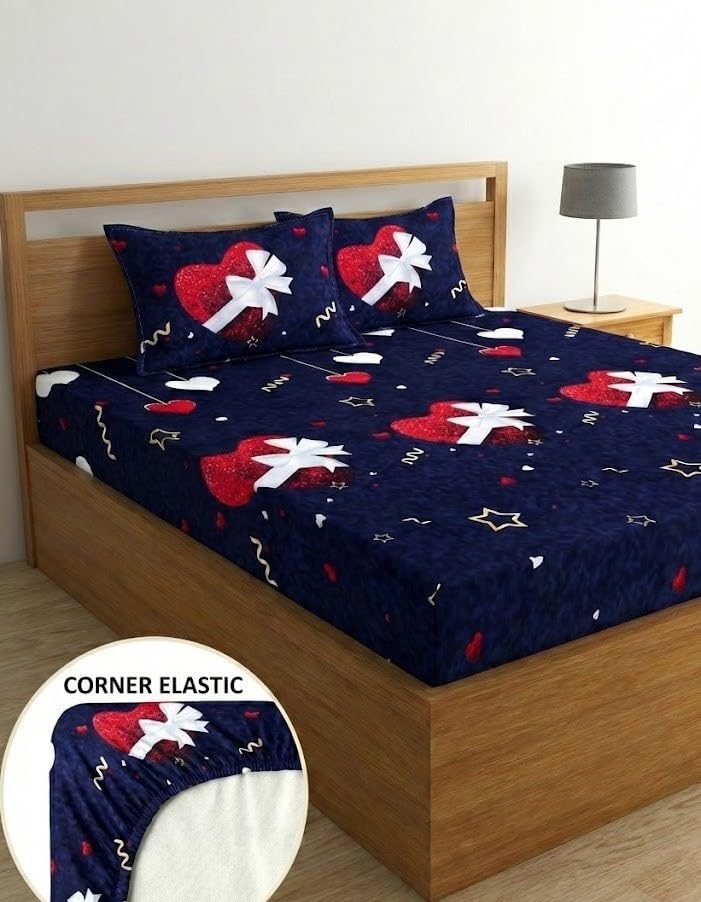Image of Fashion String Microfibre Navy Blue Corner Elastic Fitted Double Bedsheet (72x78 Inches) with 2 Pillow Covers