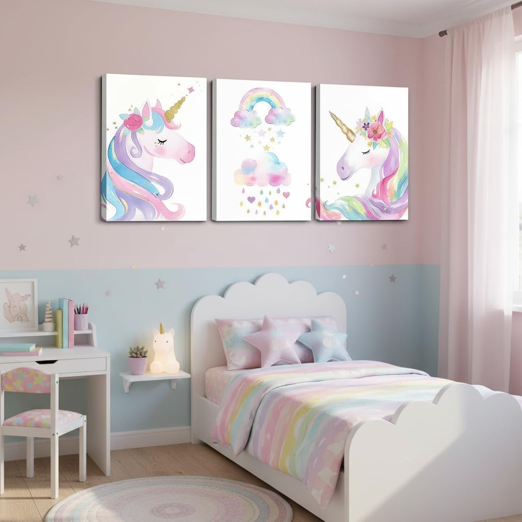 Erosebridal Cute Unicorn Decor For Girls Room Kawaii Dreamy Print Paintings For Toddler Nursery Lovely Gifts,Colorful Rainbow Flowers Canvas Wall Art Of 3 Panels Watercolor Clouds Wall Pictures