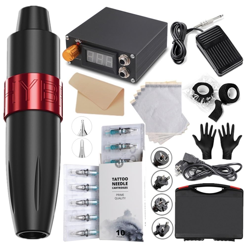 Kit de máquina de tatuaje rotativa: bolígrafo para tatuar con cartucho con fuente de alimentación LCD digital, carrera de 3,5 mm, motor de 8000 RPM, pedal y 10 agujas de cartucho