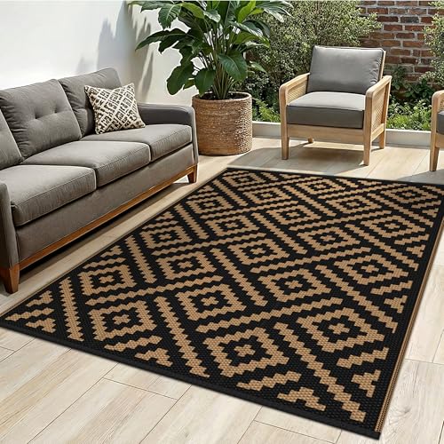 sarben Outdoor Rug for Patio - Waterproof Plastic Straw Camping Rugs 4x6 ft, Reversible Outdoor Indoor RV Mat Carpet for Patio, Porch, Deck, Balcony, Picnic, Beach, Black Brown
