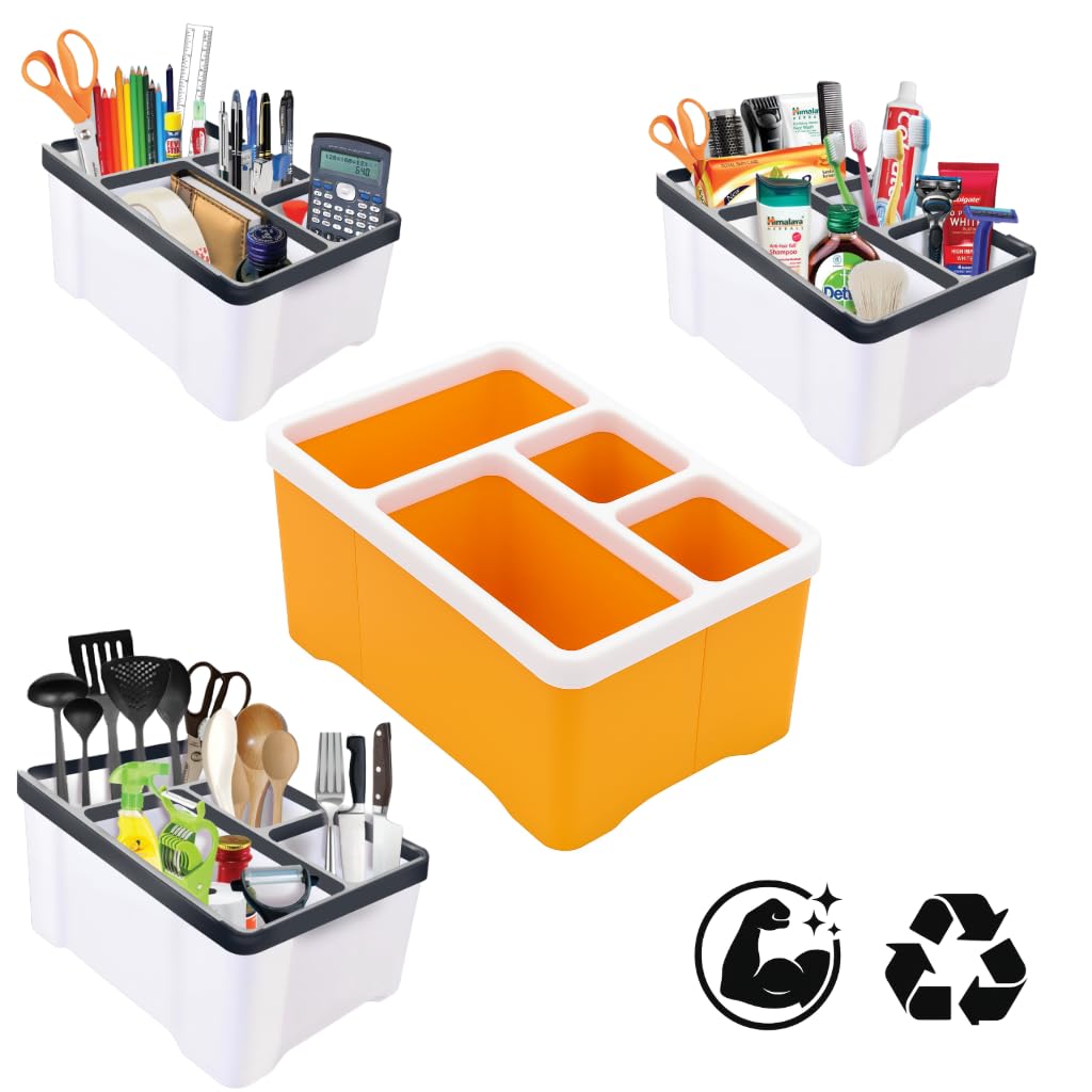 TOVOKART 1 piece Multipurpose Holder with multiple compartments for Pen, Stationery, Remote, Kitchen Utensils & More | Virgin Plastic & Kitchen Organizer for Home & Office (Orange)