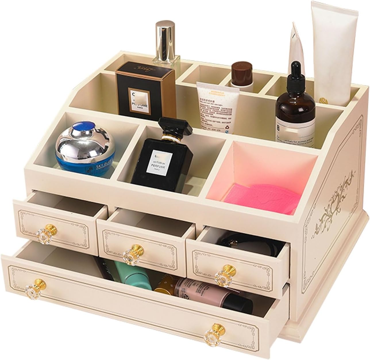 Makeup Organizer Box Wood Makeup Organizer Storage Box with 3 Drawers,Cosmetic Organisers, Skincare Organizer Make up Brush Holder Storage Box for Dresser & Bathroom Cosmetic Organizer