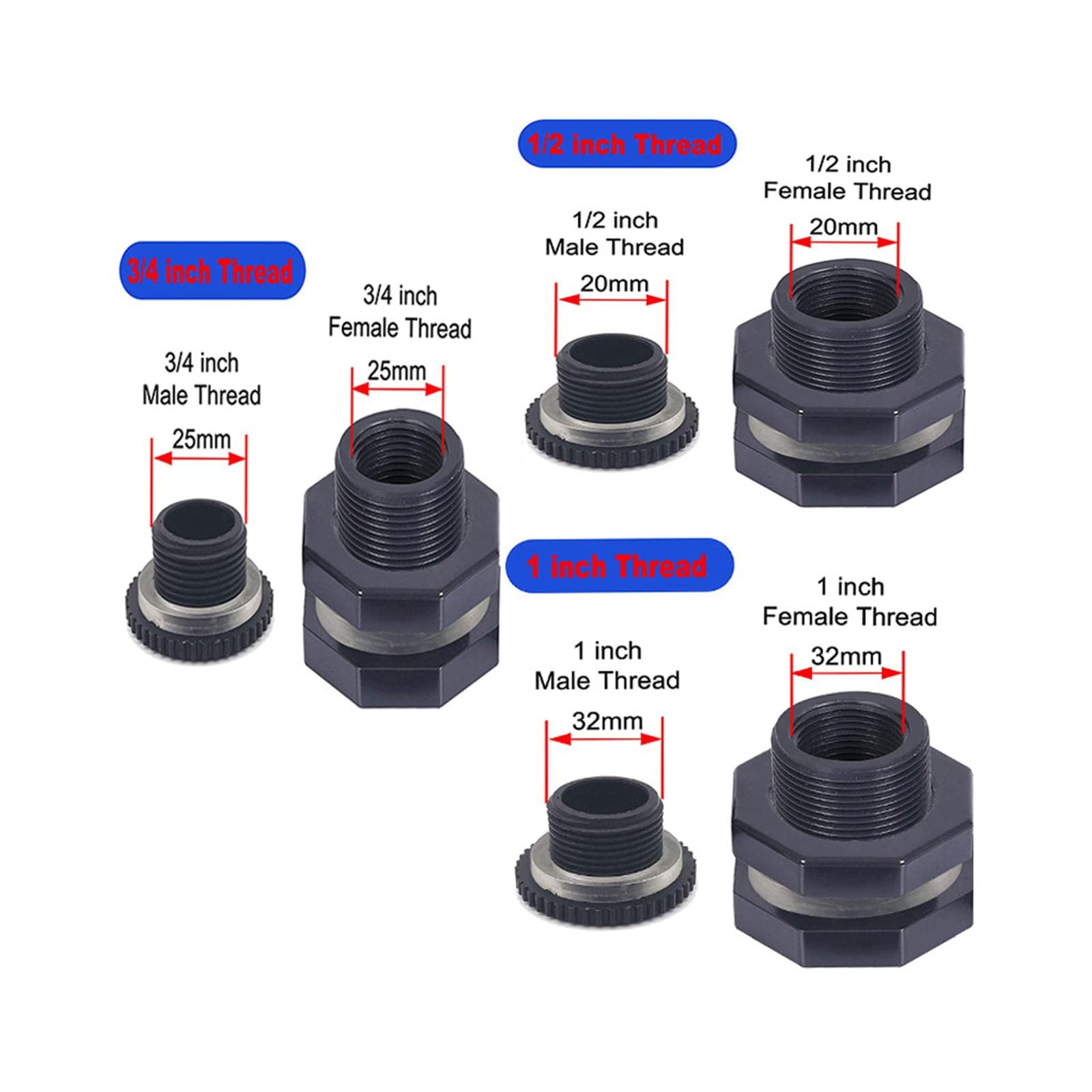 4 Piezas Adaptador de Conector de Tanque de Agua Granel Espita Kit Accesorio de Conector de Junta de Silicona para Jardines Estanques, 1 Pulgada