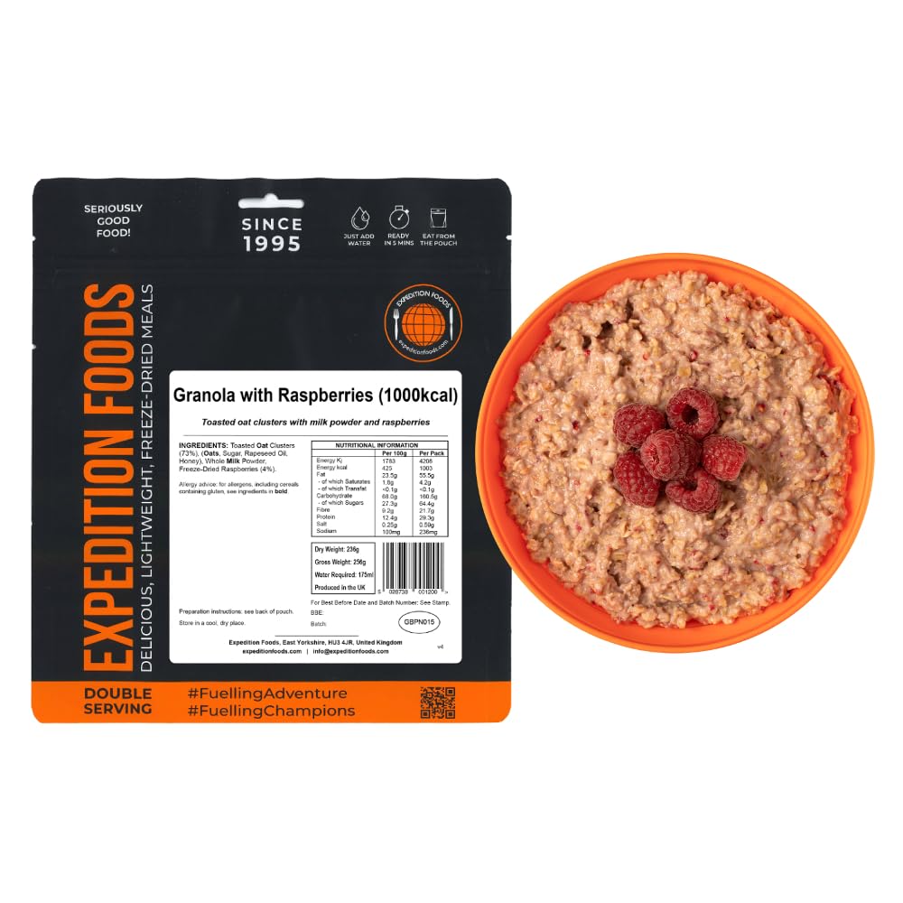 EXPEDITION FOODS Granola with Raspberries (Double Serving / 1000KCAL) | Freeze-Dried Camping & Hiking Food