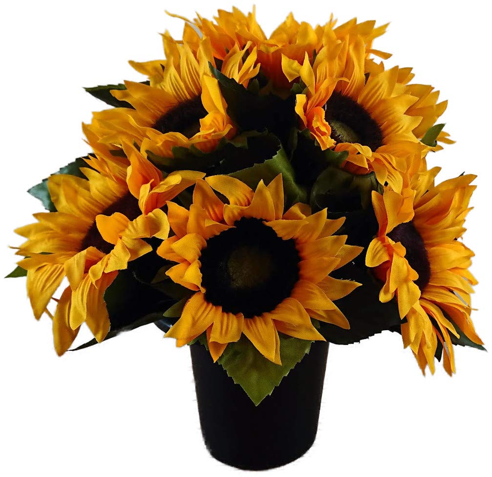 Permabloom Artificial Sunflower Grave Pot - Flowers Arrangement In Pot Vase Insert Memorial