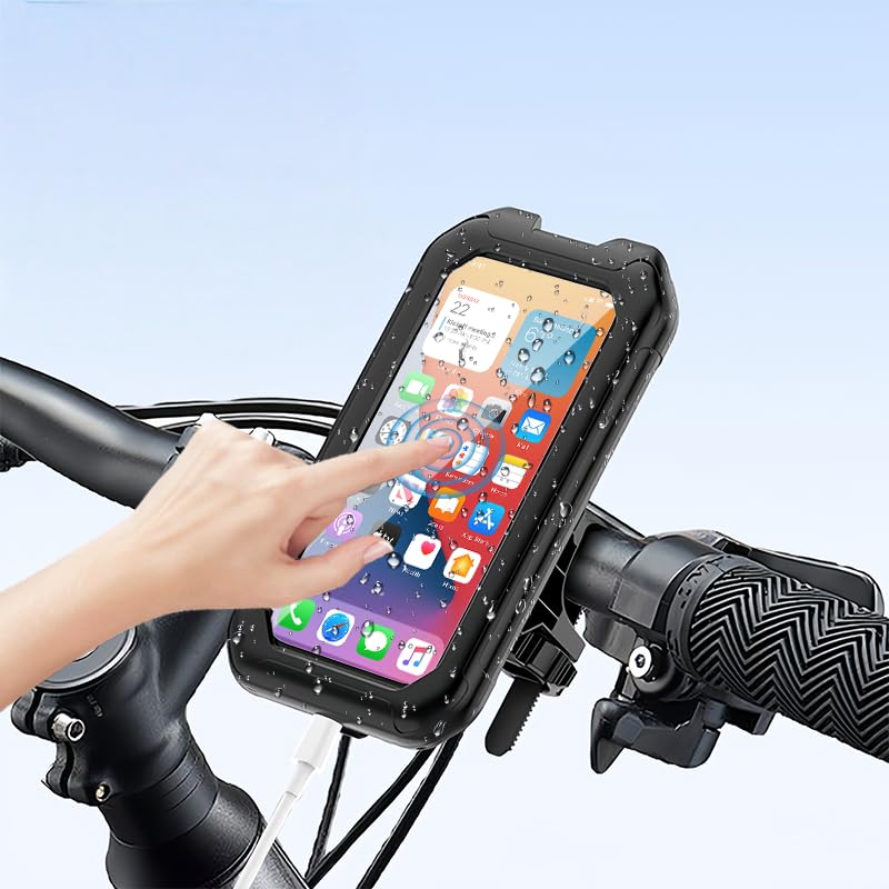Bike Phone Holder, 360 Rotation Motorcycle Phone Mount, Touchscreen-Friendly, Not Camera-obstructing, Fully Enclosed Waterproof Phone Handlebar Mounts
