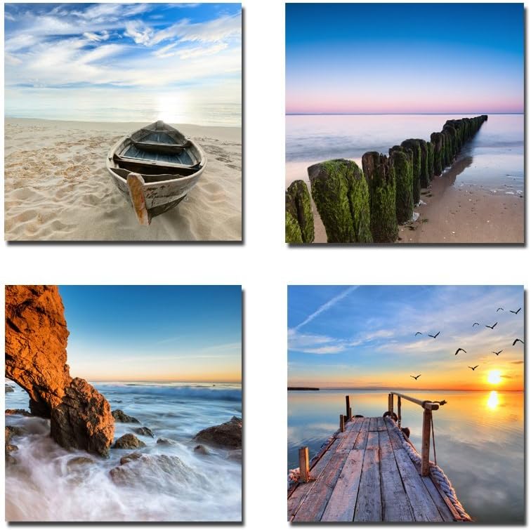 Wieco Art - Seaview Modern 4 Piece Stretched and Framed Seascape Giclee Canvas Prints Artwork Landscape Ocean Sea Beach Pictures Paintings on Canvas Wall Art for Living Room Bedroom Home Decorations