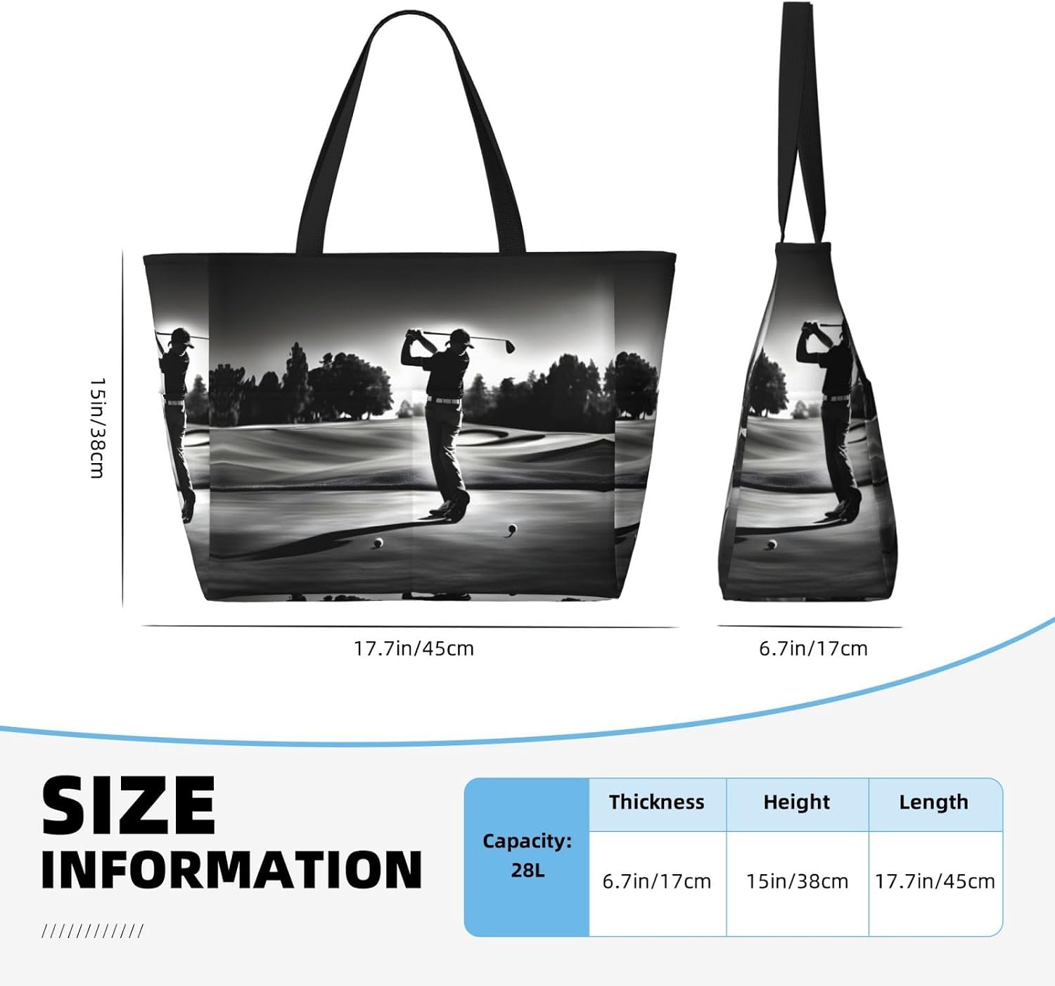 Black And White Golfs Print Large Tote Bag For Women, Travel Shoulder Bag Handle Handbag For Gym, Work, Travel