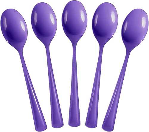 Exquisite Cucharas de plástico moradas, 50 piezas, cucharas moradas, utensilios desechables, juego de cubiertos de plástico resistente, juegos de
