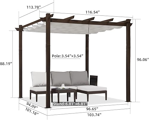 Miniatura 66 de PURPLE LEAF Pérgola de metal retráctil de 10 x 12 pies con toldo y cubierta de sombra para jardín, patio, terraza de playa, cenador, color blanco