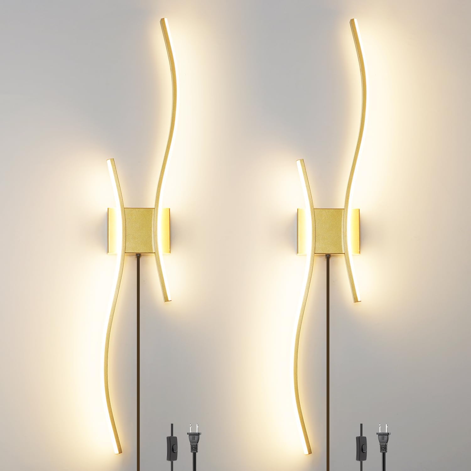 Modern Gold Plug in Wall Sconces Set of 2 - Smart Dimmable LED Wall Lights with Remote, 3CCT Adjustable & Memory Function, Timer Setting - No Wiring Needed for Living Room, Bedroom, Hallway 40.94 IN Gold