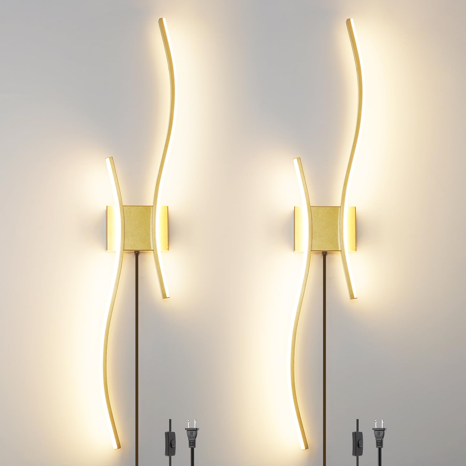 Daunton Modern Gold Plug in Wall Sconces Set of 2 - Smart Dimmable LED Wall Lights with Remote, 3CCT Adjustable &amp; Memory Function, Timer Setting - No Wiring Needed for Living Room, Bedroom, Hallway