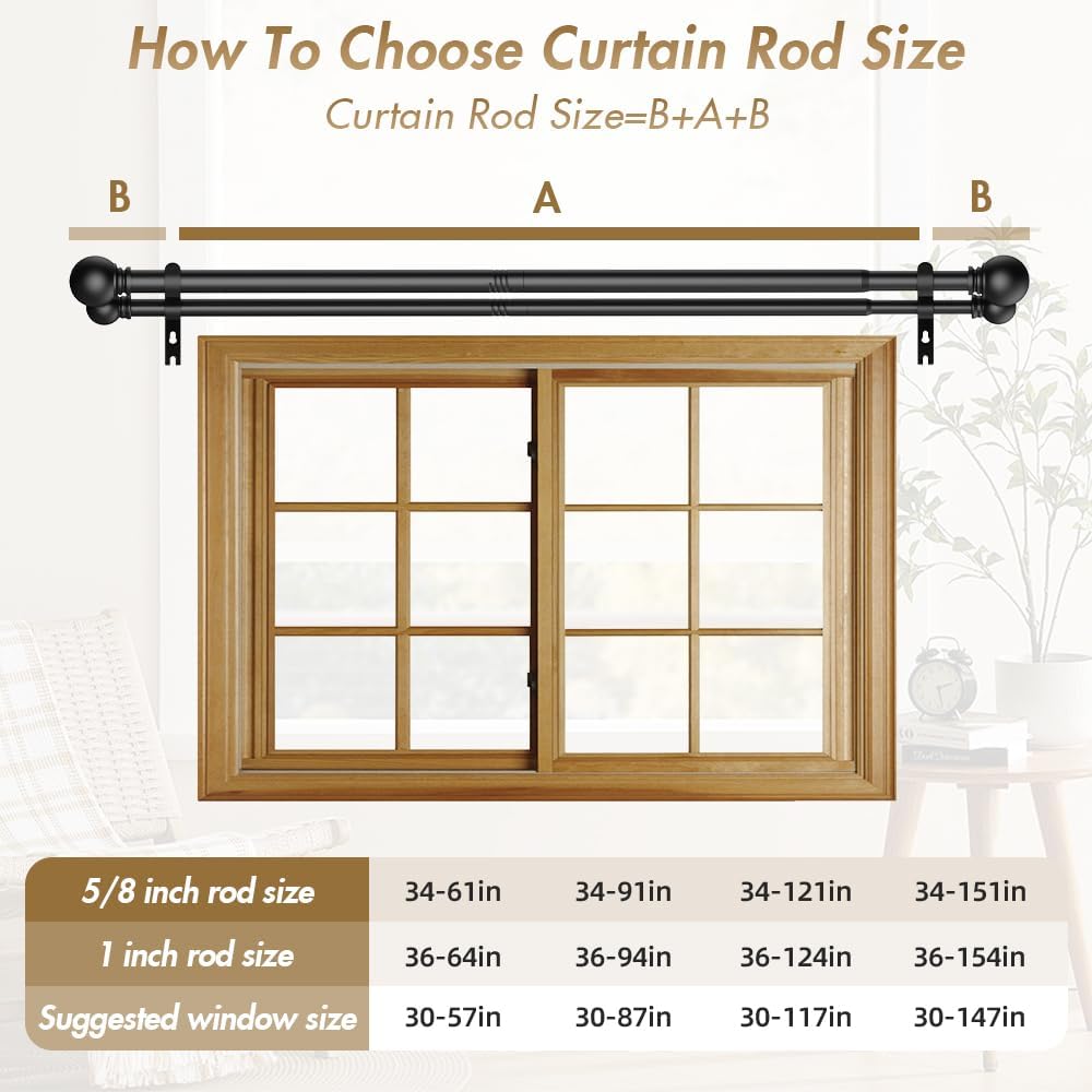 Double Curtain Rods for Windows 72-144 Inches Length, Adjustable Heavy Duty Decorative Double Drapery Rod With Round Finials For Living Room Bedroom, Black