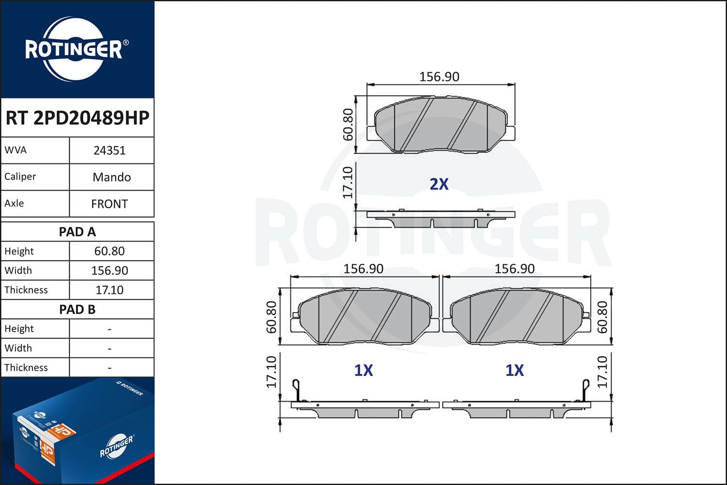 Klocki hamulcowe ROTINGER (Przód) RT 2PD20489HP, ECE R90, Komplet 4 sztuk