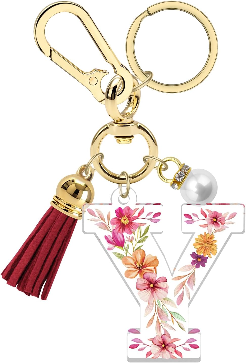 Xiahuyu Initial Letter Keychain for Women Cute Alphabet Keychain for Purse Handbag Backpack with Tassel Faux Pearl Charm