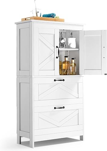 VEVOR - Armario de piso para baño, de 4 niveles, organizador de almacenamiento de madera con 2 puertas, 2 cajones y estante ajustable, mueble