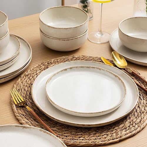 Miniatura 5 de Juegos de vajilla de cerámica de AmorArc, Juego de platos y cuencos de gres con borde ondulado, altamente resistente a las astillas y grietas
