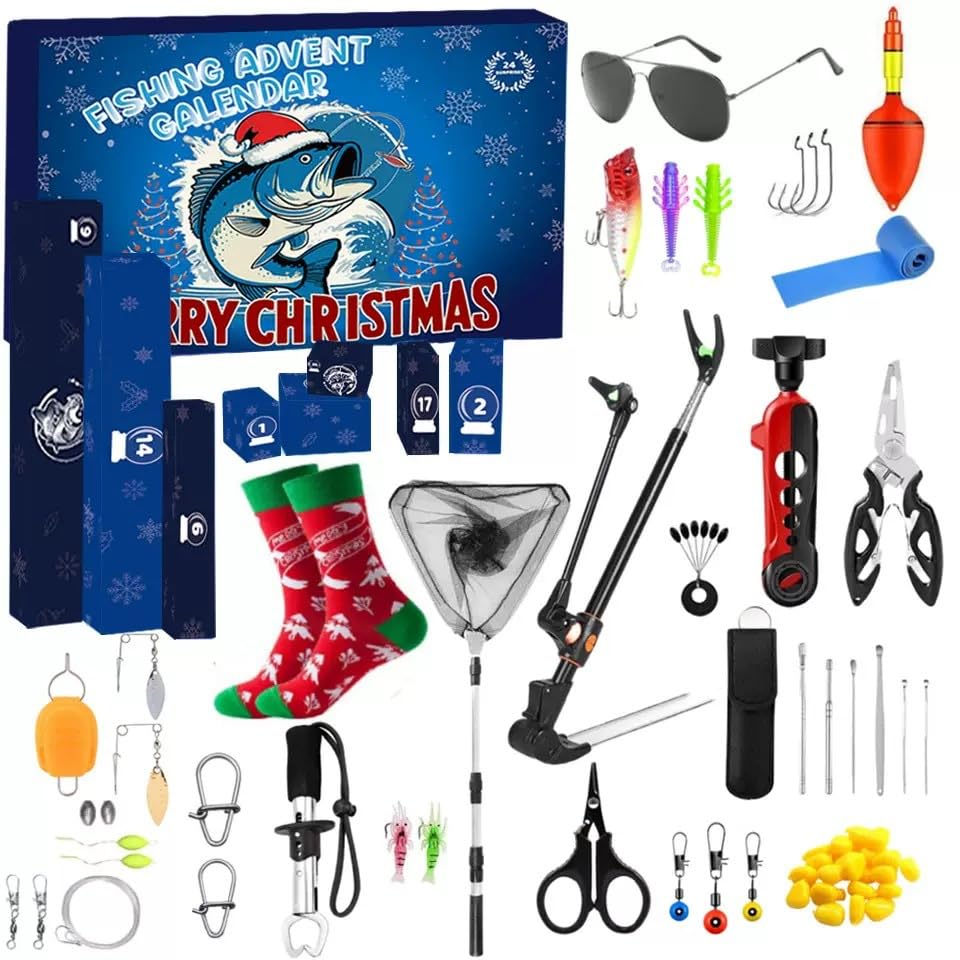 Calendario de Adviento de Navidad con cuenta regresiva de 24 días, caja ciega – Juego de aparejos de pesca con accesorios sorpresa diarios, regalo creativo para entusiastas de la pesca y pescadores al