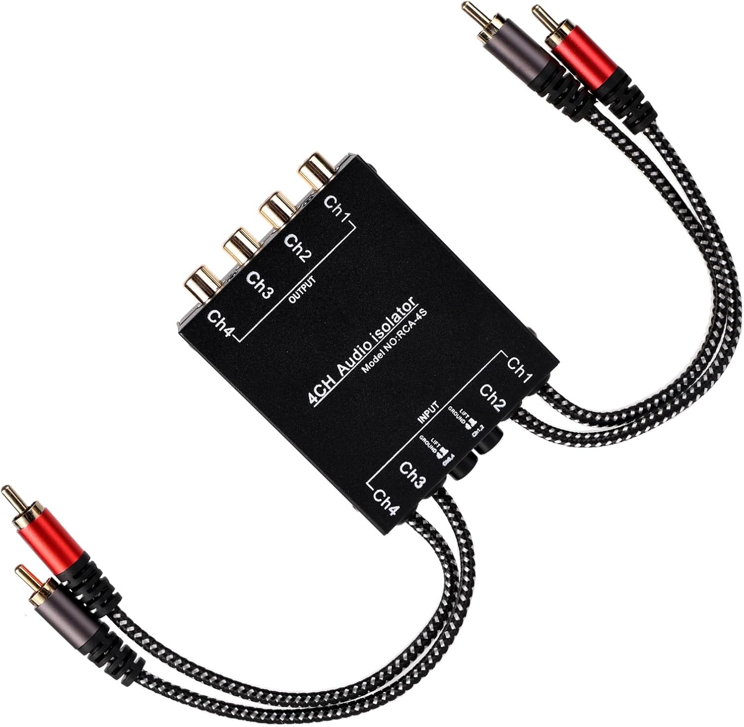 4 Channel Ground Loop Isolator, Durable Metal Shell with Nylon Braided Connector Stereo Four Channel Noise Filter for Car & Home Audio System Indoor Outdoor Performances