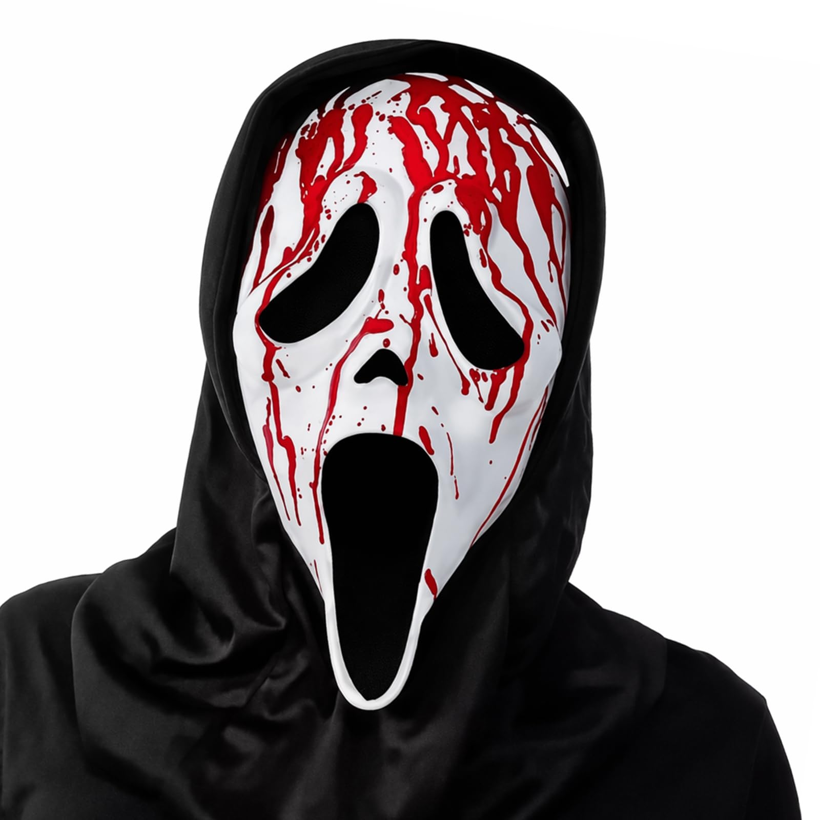 EHIOG Bloody Scream Style Mask with Black Hood – Scary Horror Skull Ghost Mask with Realistic Blood Details, Adult Halloween Fancy Dress Costume for Cosplay Party