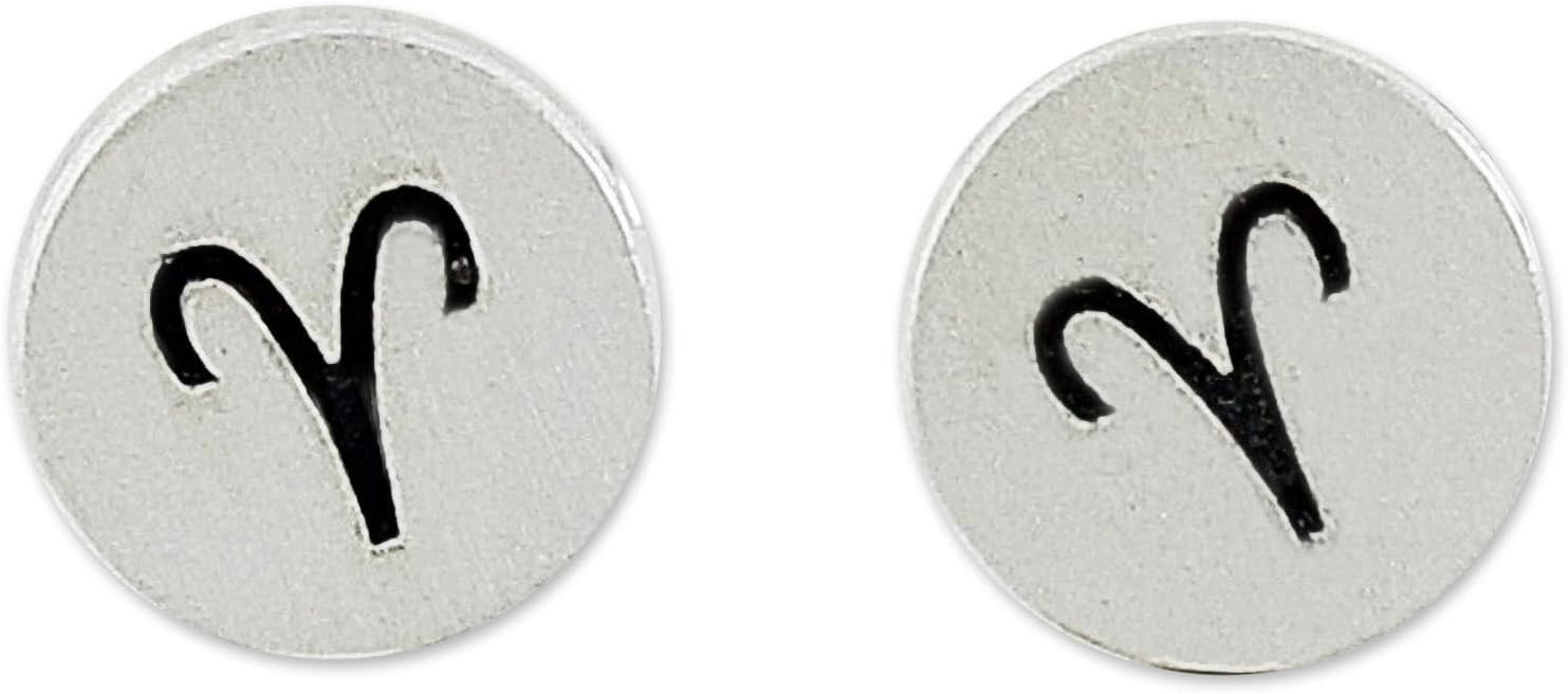 NOVICA Handmade .925 Sterling Silver Stud Earrings from Thailand Zodiac [0.2 in Diam.] 'Satin Aries'