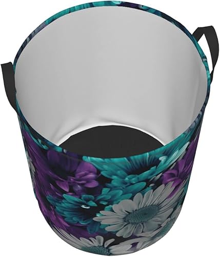 Miniatura 2 de Caja de almacenamiento redonda impermeable con diseño de flores moradas y verde azulado cesta redonda para la ropa sucia portátil con asa adecuada