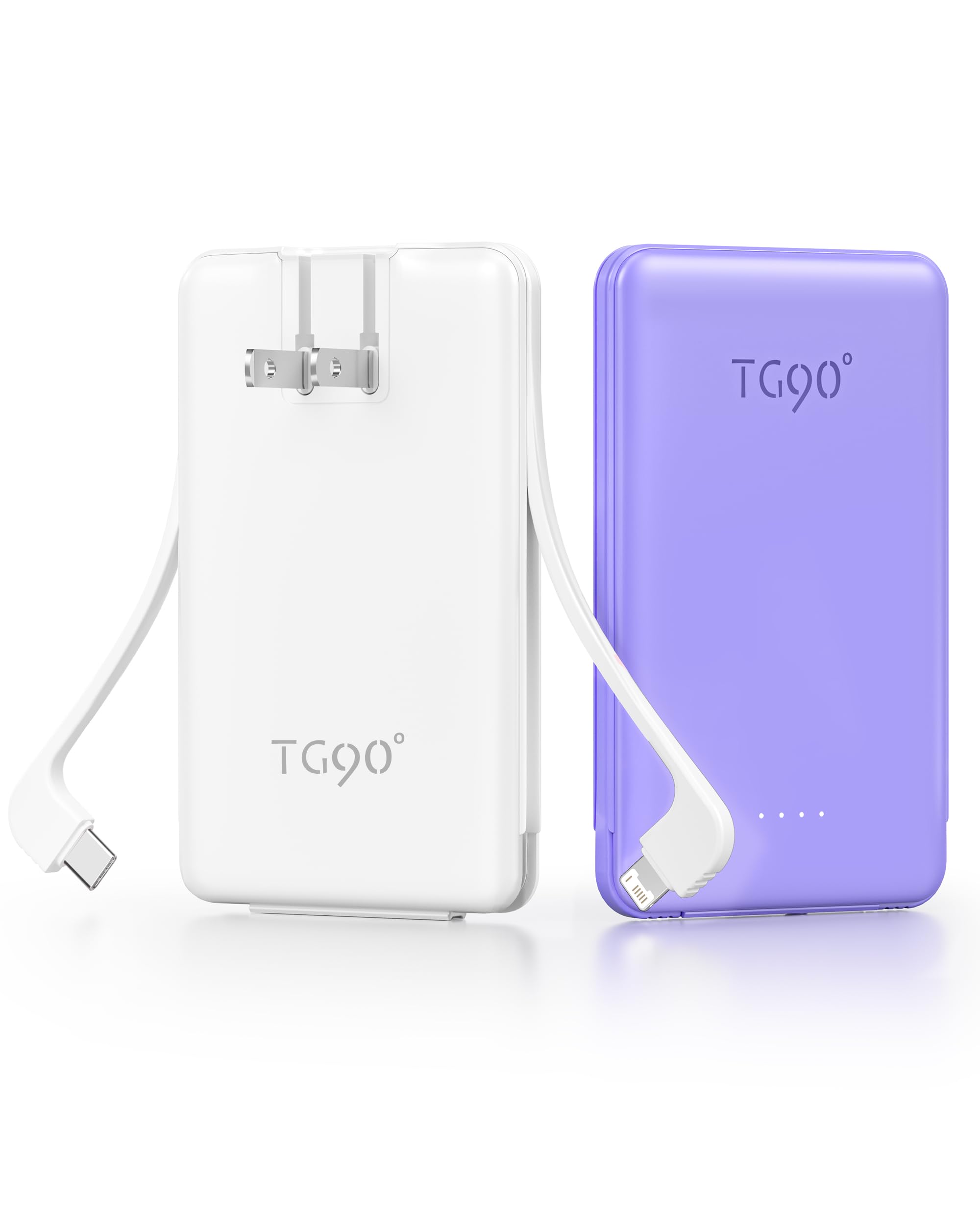 TG90 2 Pack 5000mAh Power Bank Small Portable Charge Built-in AC Plug and Cables Pocket Size USB C
