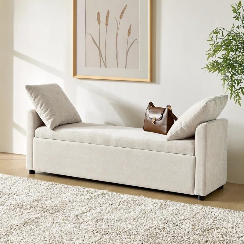 Image of Upholstered Storage Bench with Armrests | Fabric Sofa Bench with Hidden Storage & Cushions | Bedroom Living Room Entryway Seating | Modern Ottoman Bench Footrest End of Bed Bench | Beige