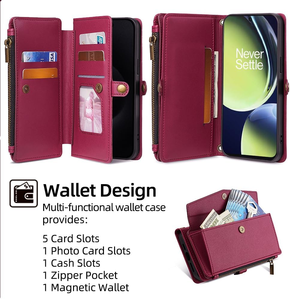Asuwish Phone Case for OnePlus Nord N30 5G/CE 3 Lite Zipper Wallet Cover with Screen Protector and Leather Card Holder Slot Stand Wrist Strap Accessories Oppo K11x/One Plus 1+ N 30/CE3 Women Men Red