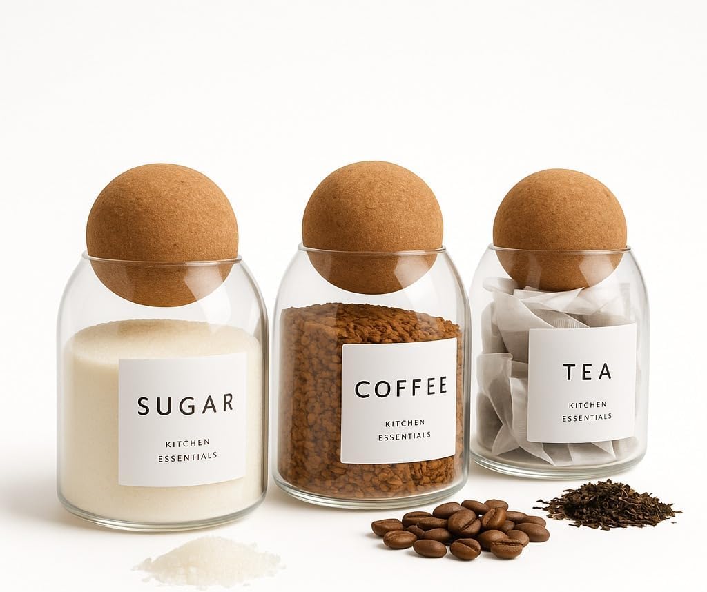 Livabl Tea Coffee and Sugar Canisters Set - Set of 3 Unique Cork Ball 500ml Glass Jars - Perfect Sugar Tea Coffee Set Organiser